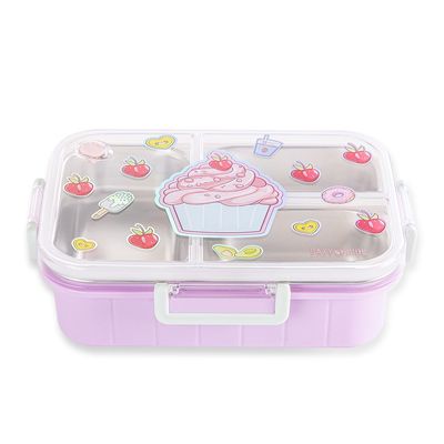 Eazy Kids 3 Compartment Stainless Steel bento Lunch Box, 800ml - Cup Cake  Purple