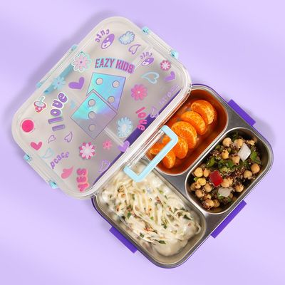 Eazy Kids 3 Compartment Stainless Steel bento Lunch Box, 800ml - Floral Purple