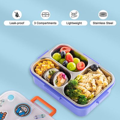 Eazy Kids 3 Compartment Stainless Steel bento Lunch Box, 800ml - Skate Board Purple