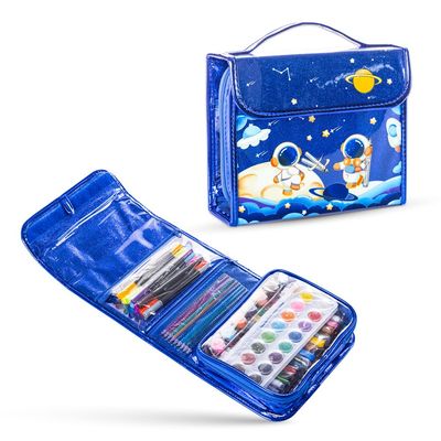 Eazy Kids Art Supplies Set in Space-Themed Carrying Case â€“ 82-Piece Kit with Paints, Crayons, Markers - Blue