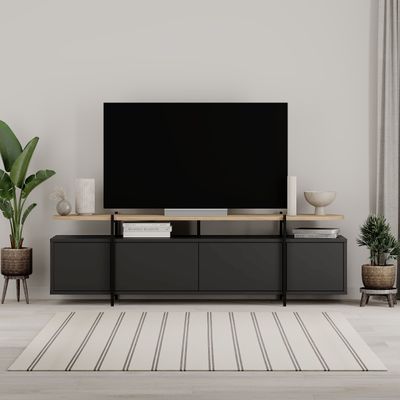 Mourah Home Hanley TV Stand Up To 65 Inches With Storage - Black/ Oak - 2 Years Warranty