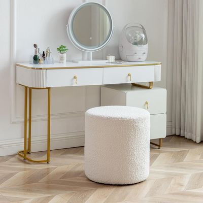Modern Round Boucle Upholstered Ottoman – Soft White Minimalist Footstool for Living Room, Bedroom or Entryway