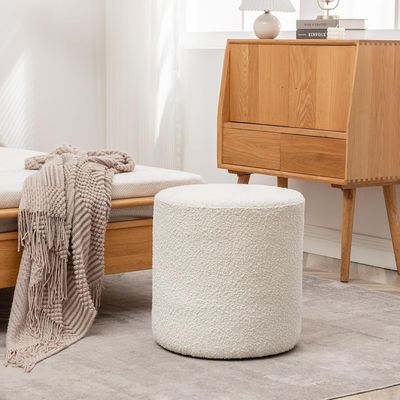 Modern Round Boucle Upholstered Ottoman – Soft White Minimalist Footstool for Living Room, Bedroom or Entryway