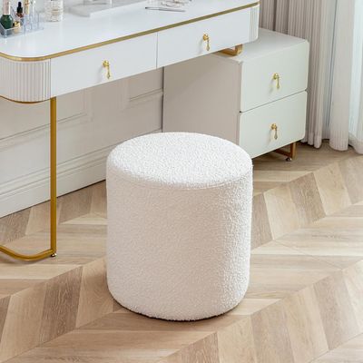 Modern Round Boucle Upholstered Ottoman – Soft White Minimalist Footstool for Living Room, Bedroom or Entryway