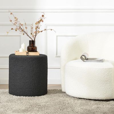 Modern Round Boucle Upholstered Ottoman – Soft Black Minimalist Footstool for Living Room, Bedroom or Entryway