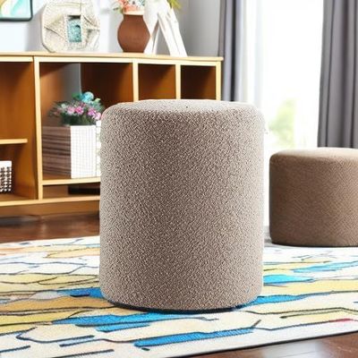 Modern Round Boucle Upholstered Ottoman – Khaki Minimalist Footstool for Living Room, Bedroom or Entryway