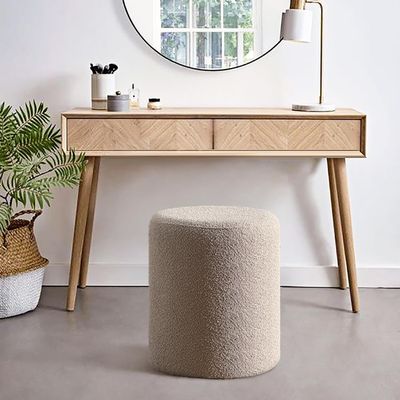 Modern Round Boucle Upholstered Ottoman – Khaki Minimalist Footstool for Living Room, Bedroom or Entryway