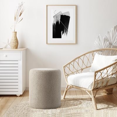 Modern Round Boucle Upholstered Ottoman – Khaki Minimalist Footstool for Living Room, Bedroom or Entryway