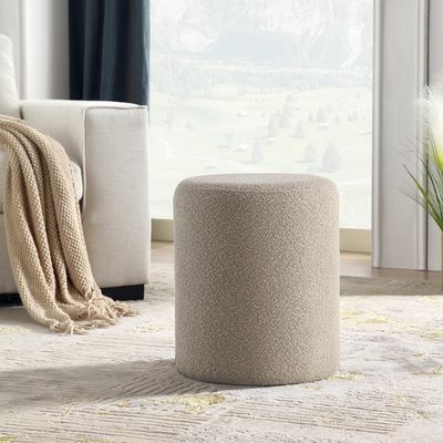 Modern Round Boucle Upholstered Ottoman – Khaki Minimalist Footstool for Living Room, Bedroom or Entryway