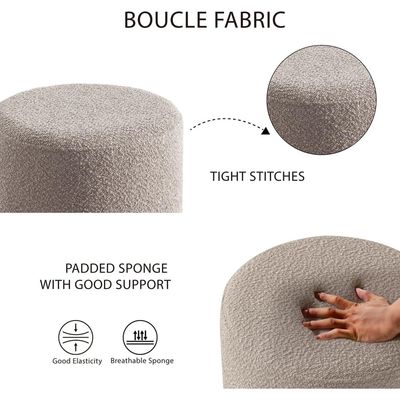 Modern Round Boucle Upholstered Ottoman – Khaki Minimalist Footstool for Living Room, Bedroom or Entryway