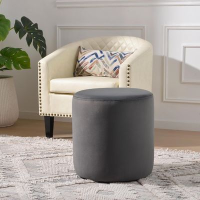 Modern Round Velvet Upholstered Ottoman – Dark Gray Multi-Functional Footstool for Living Room, Bedroom or Entryway