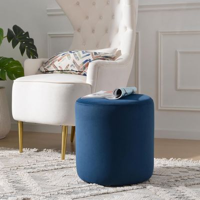 Modern Round Velvet Upholstered Ottoman – Navy Blue Multi-Functional Footstool for Living Room, Bedroom or Entryway
