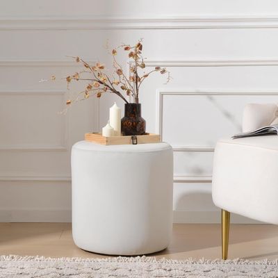 Modern Round Velvet Upholstered Ottoman – Off White Multi-Functional Footstool for Living Room, Bedroom or Entryway