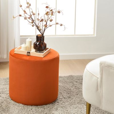 Modern Round Velvet Upholstered Ottoman – Rust Multi-Functional Footstool for Living Room, Bedroom or Entryway