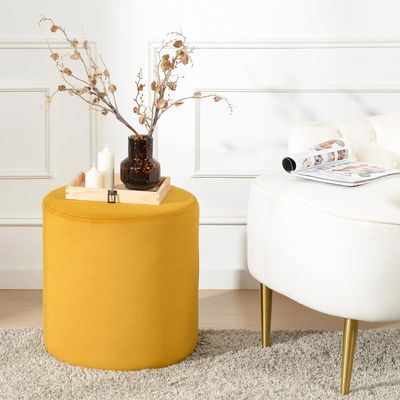 Modern Round Velvet Upholstered Ottoman – Yellow Multi-Functional Footstool for Living Room, Bedroom or Entryway