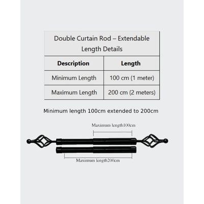 Heavy Duty Extendable Double Curtain Rod 2 Meter Adjustable Sturdy Steel Black