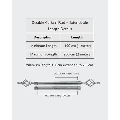 Heavy Duty Extendable Double Curtain Rod 2 Meter Adjustable Sturdy Steel Silver