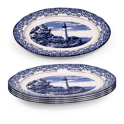 Claytan Lighthouse Blue 14.2-Inch Ceramic Oval Platter (Set of 4)