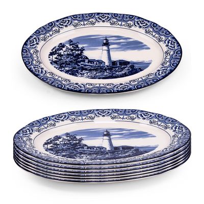Claytan Lighthouse Blue 14.2-Inch Ceramic Oval Platter (Set of 6)