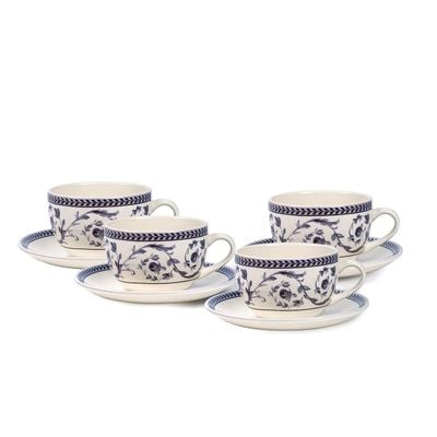 Claytan Callista 240 ml Ceramic Coffee Cup & Saucer Set (Purple & White, Set Of 4) 