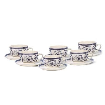 Claytan Callista 240 ml Ceramic Coffee Cup & Saucer Set (Purple & White, Set Of 6) 