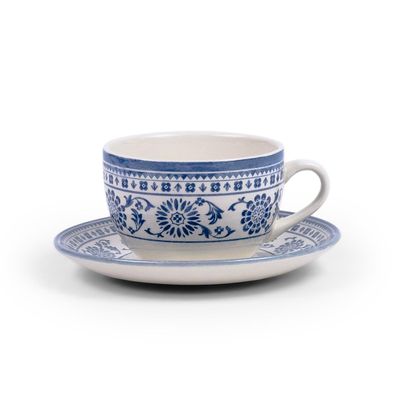 Claytan Plethora Grey-Rim 240 ml Porcelain Coffee Cup & Saucer Set (Grey & Blue, Set Of 1)