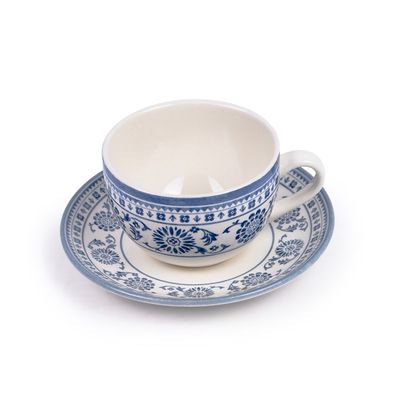 Claytan Plethora Grey-Rim 240 ml Porcelain Coffee Cup & Saucer Set (Grey & Blue, Set Of 1)