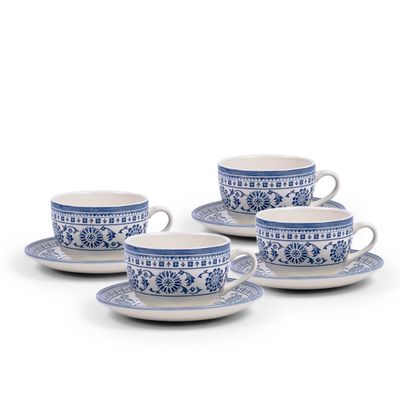 Claytan Plethora Grey-Rim 240 ml Porcelain Coffee Cup & Saucer Set (Grey & Blue, Set Of 4)