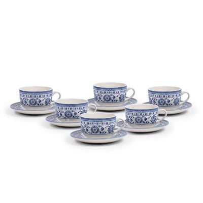Claytan Plethora Grey-Rim 240 ml Porcelain Coffee Cup & Saucer Set (Grey & Blue, Set Of 6)