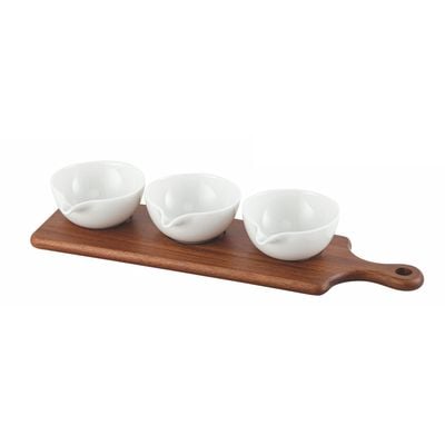 Shallow Acacia Wood Porcelain 3 Pieces Serving Set, 40cm, White & Brown