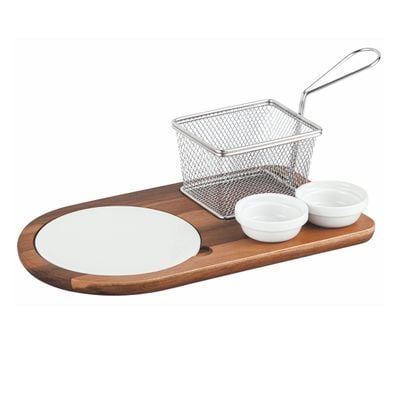 Shallow Acacia Wood Porcelain 4 Pieces Serving Set with Basket, White & Brown