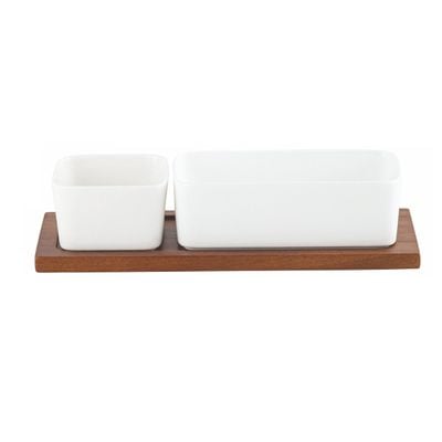 Shallow Acacia Wood Porcelain 2 Pieces Serving Set, 29cm, White & Brown