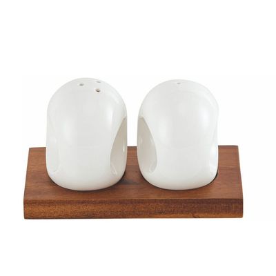Shallow Acacia Wood Porcelain 2 Pieces Salt & Pepper Set, White & Brown