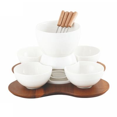 Shallow Acacia Wood Porcelain with Stainless Steel Single 10 Pieces Fondue Set, White & Brown, 27cm