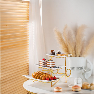Shallow Elegant Porcelain 3 Tier White Plate with Gold Stand (Small Plate 23cm, Mid Plate 28cm, Large Plate 33cm)