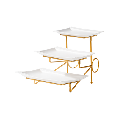 Shallow Elegant Porcelain 3 Tier White Plate with Gold Stand (Small Plate 23cm, Mid Plate 28cm, Large Plate 33cm)
