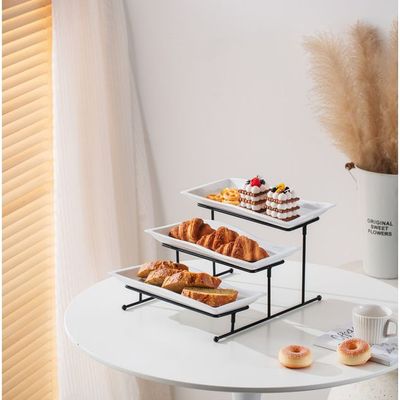 Shallow Elegant Porcelain 3 Tier Rectangle White 33cm Plate with Black Stand