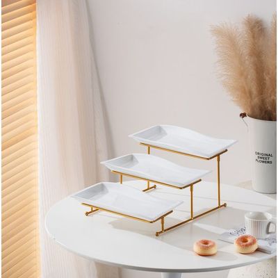 Shallow Elegant Porcelain 3 Tier Rectangle White 33cm Plate with Gold Stand