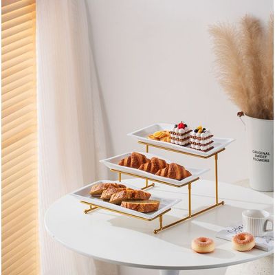 Shallow Elegant Porcelain 3 Tier Rectangle White 33cm Plate with Gold Stand