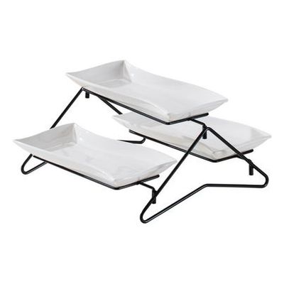 Shallow Elegant Porcelain 2 Tier Rectangle White Plate with Black Stand