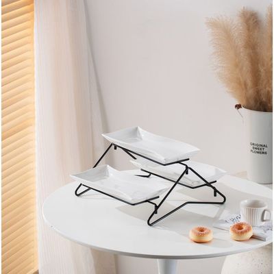 Shallow Elegant Porcelain 2 Tier Rectangle White Plate with Black Stand