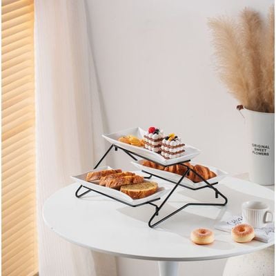 Shallow Elegant Porcelain 2 Tier Rectangle White Plate with Black Stand