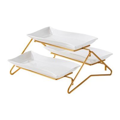 Shallow Elegant Porcelain 2 Tier Rectangle White Plate with Gold Stand