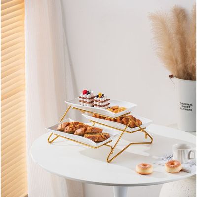 Shallow Elegant Porcelain 2 Tier Rectangle White Plate with Gold Stand