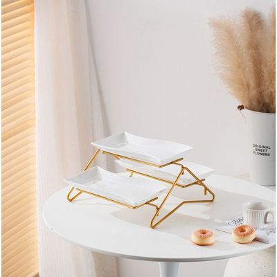 Shallow Elegant Porcelain 2 Tier Rectangle White Plate with Gold Stand