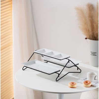 Shallow Elegant Porcelain 2 Tier Rectangle White Plate with Black Stand (Small Plate 33cm, Large Plate 36cm)