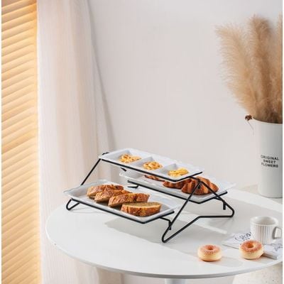 Shallow Elegant Porcelain 2 Tier Rectangle White Plate with Black Stand (Small Plate 33cm, Large Plate 36cm)