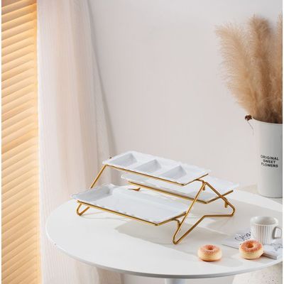 Shallow Elegant Porcelain 2 Tier Rectangle White Plate with Gold Stand (Small Plate 33cm, Large Plate 36cm)