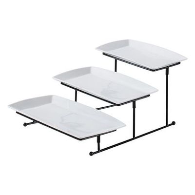 Shallow Elegant Porcelain 3 Tier Rectangle White Plate with Black Stand (Small Plate 27cm, Mid Plate 31cm, Large Plate 35cm)