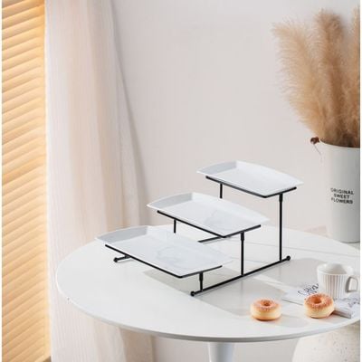Shallow Elegant Porcelain 3 Tier Rectangle White Plate with Black Stand (Small Plate 27cm, Mid Plate 31cm, Large Plate 35cm)